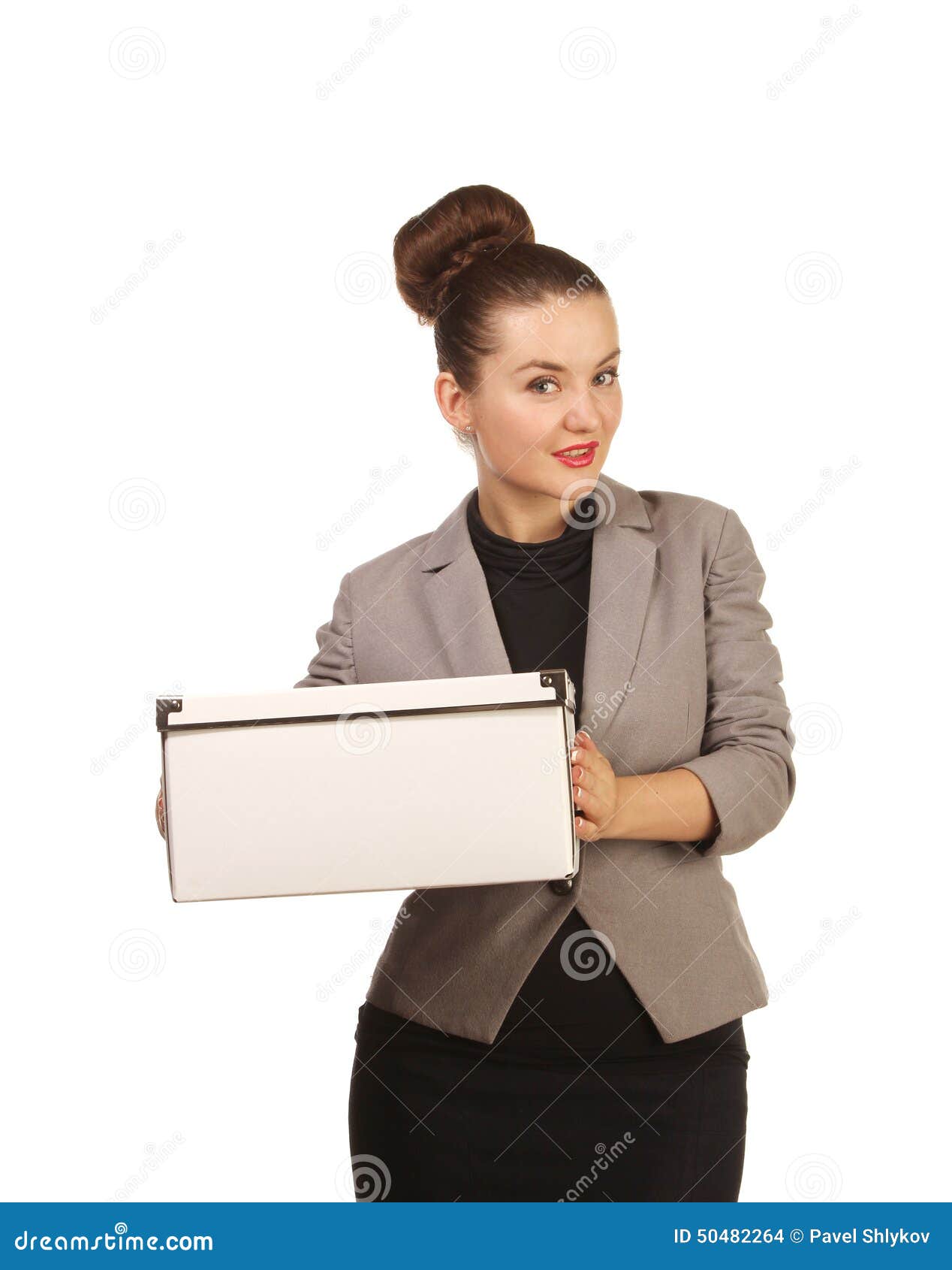 Portrait of Pretty Woman with Box Stock Photo Image of cheerful