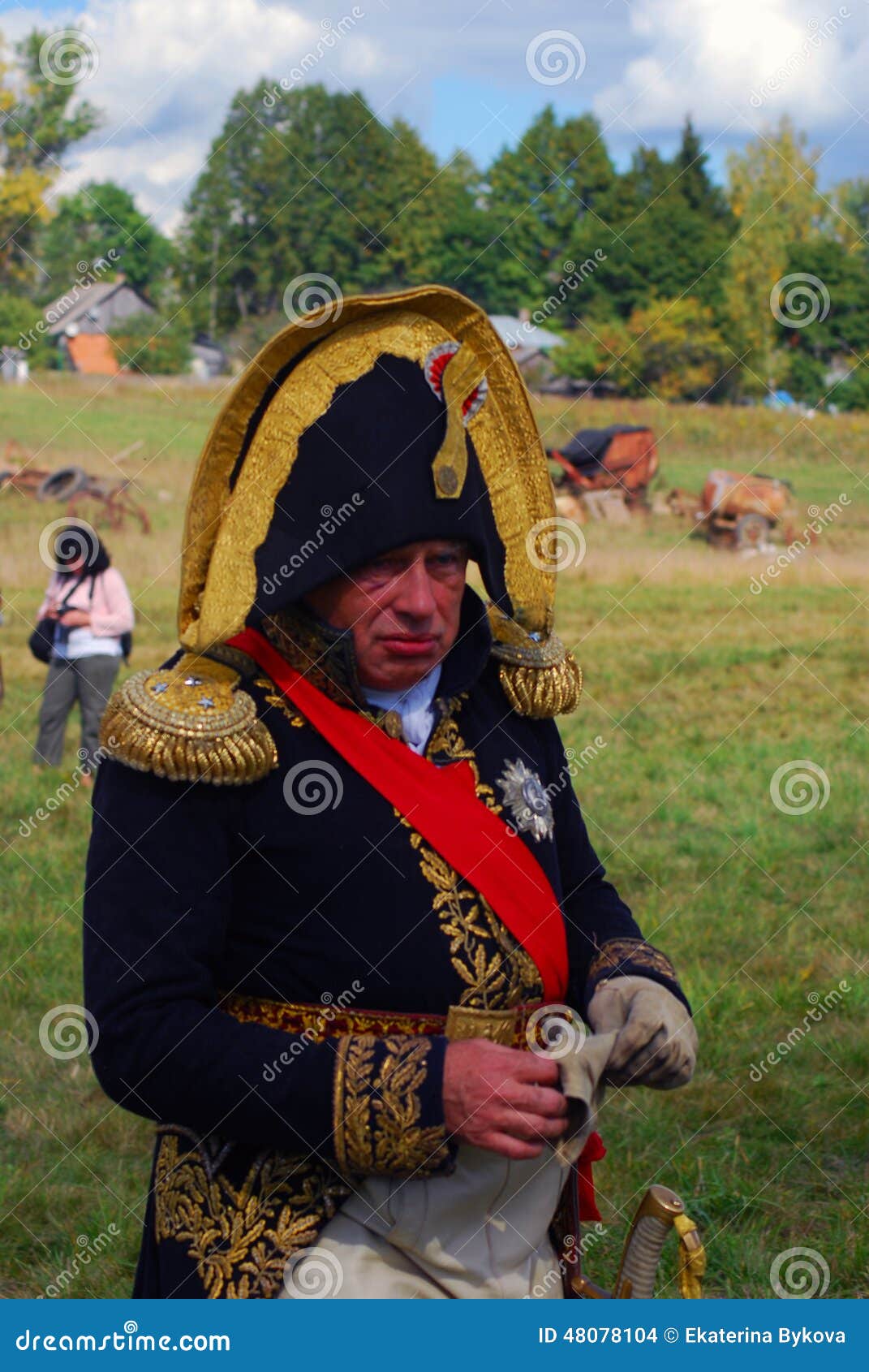 MOSCOW REGION - SEPTEMBER 07, 2014: Portrait of a reenactor from Napoleons army. Borodino battle historical reenactment.