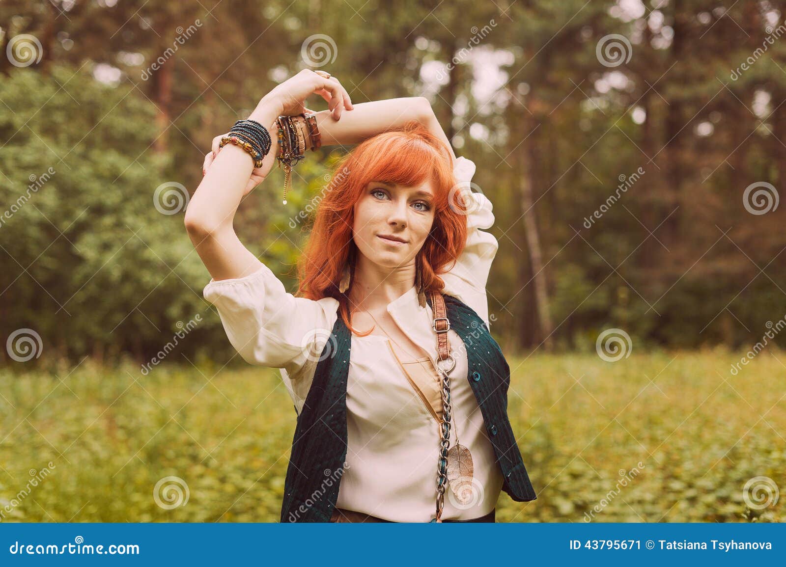 Portrait Of Romantic Hippie Woman Smile In The Woods St