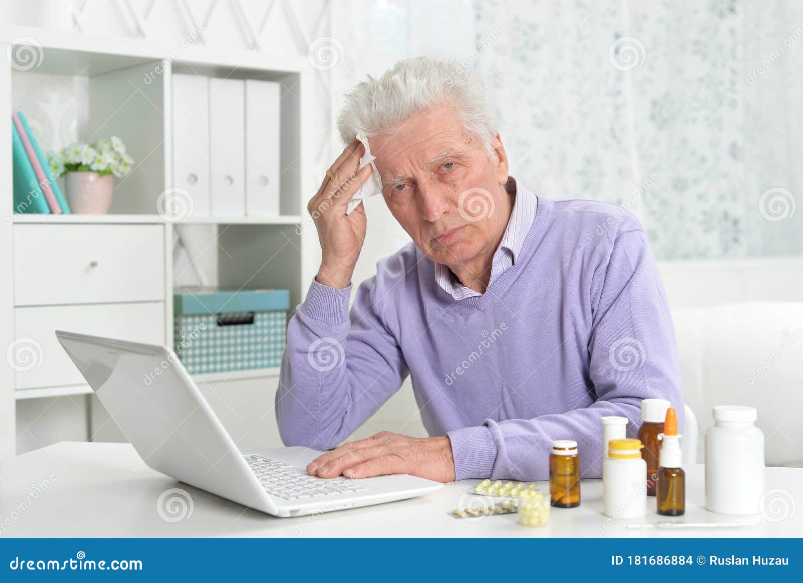 Portrait of Sad Sick Senior Man Using Laptop Stock Photo - Image of ...