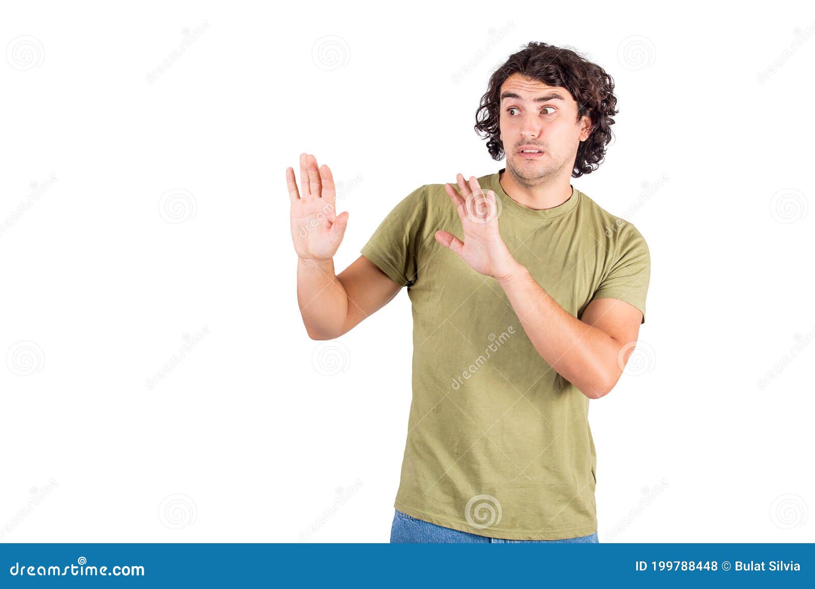 Portrait of Scared Young Man, Long Curly Hair Style, Keeps Hands Outstretched To Protect Himself from Any Danger and Threats. Nerd Stock Photo - Image of isolated, casual: 199788448 Portrait of Scared Young Man, Long Curly Hair Style, Keeps Hands Outstretched To Protect Himself from Any Danger and Threats. Nerd Stock Photo - Image of isolated, casual: 199788448