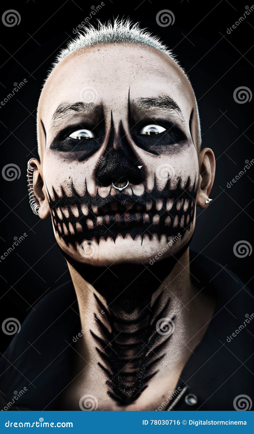 Portrait of a Scary Fierce Male with Skull Makeup and Piercings on Black Background. 3d Rendering Photo - Image of face, background: 78030716