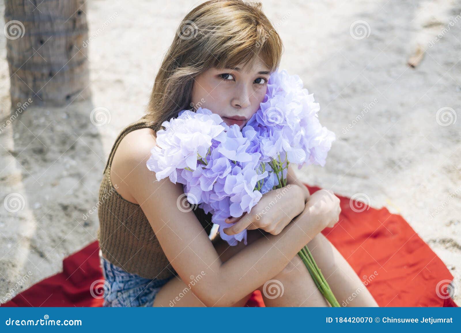 Portrait of Seaxy Woman Hugging Purple Flowers Stock Photo - Image of slim,  beach: 184420070