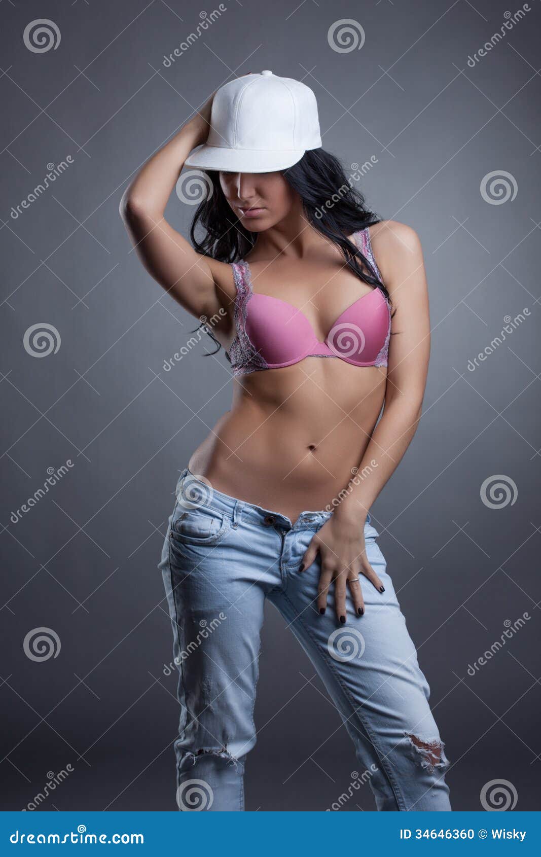 Girl Wearing Bra Jeans Examine Their Stock Photo 338113946