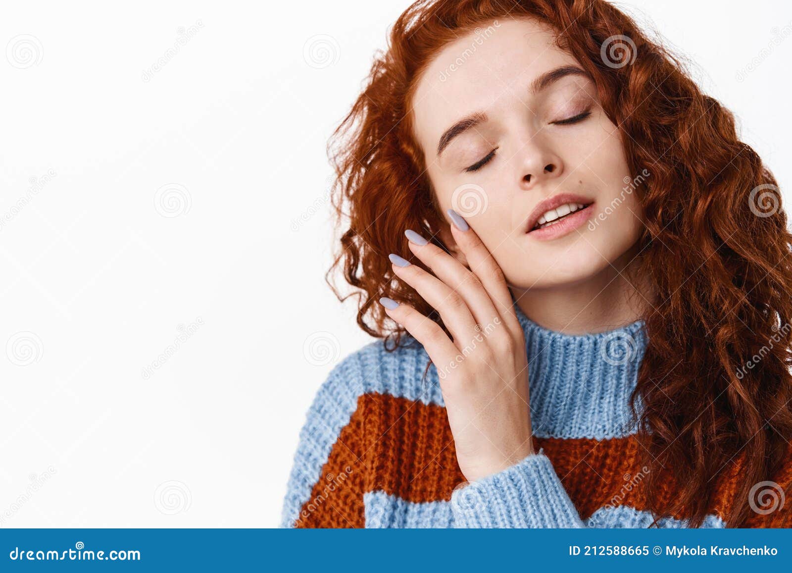 Portrait of Sensual Redhead Woman with Natural Curly Ginger Hair, Touching  Her Smooth Clean Facial Skin with Closed Eyes Stock Image - Image of  healthy, model: 212588665