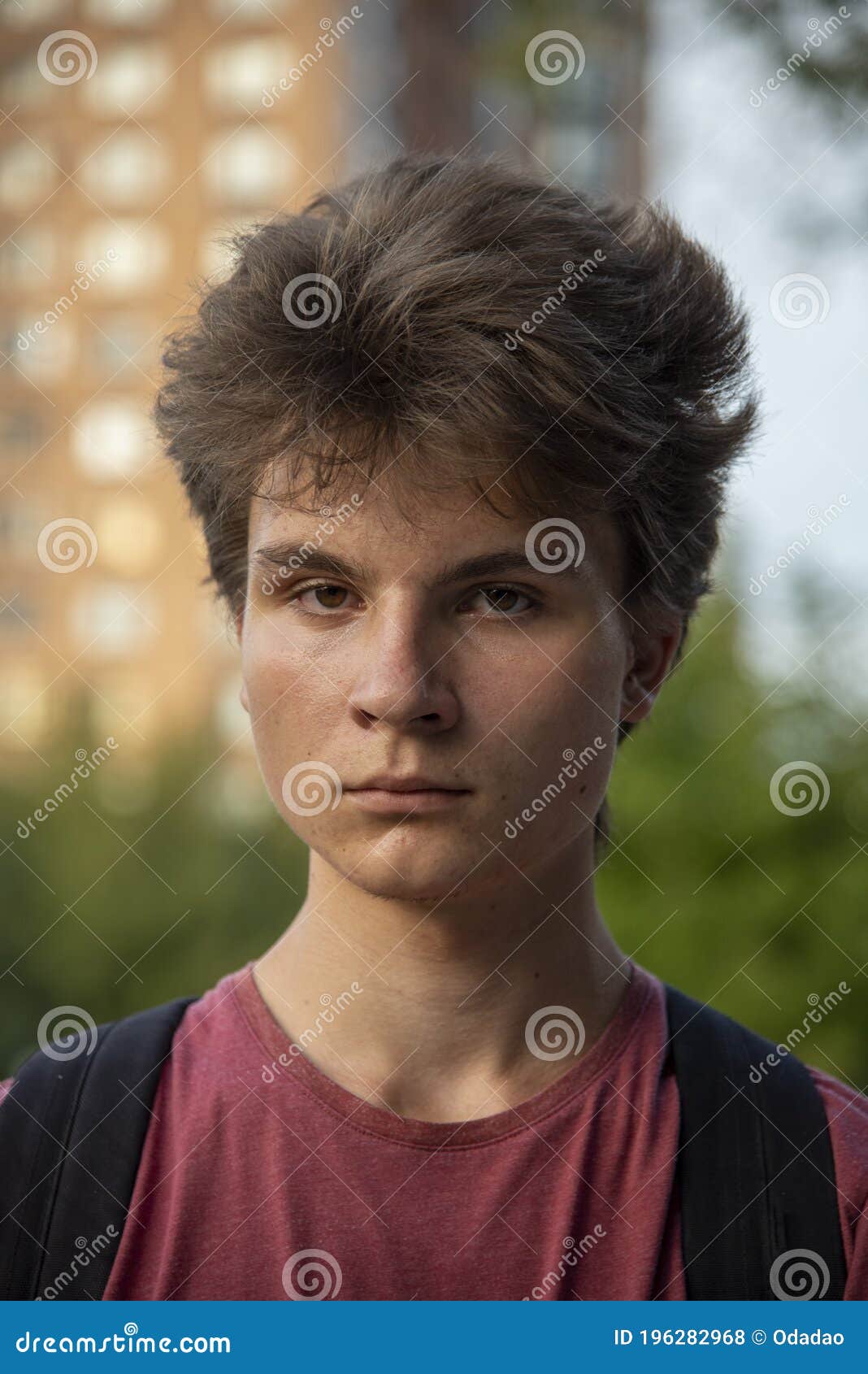Portrait of a Young Teenager 17 Years Old in a Red T-shirt with Thick Hair  Stock Photo - Image of acne, future: 196282968