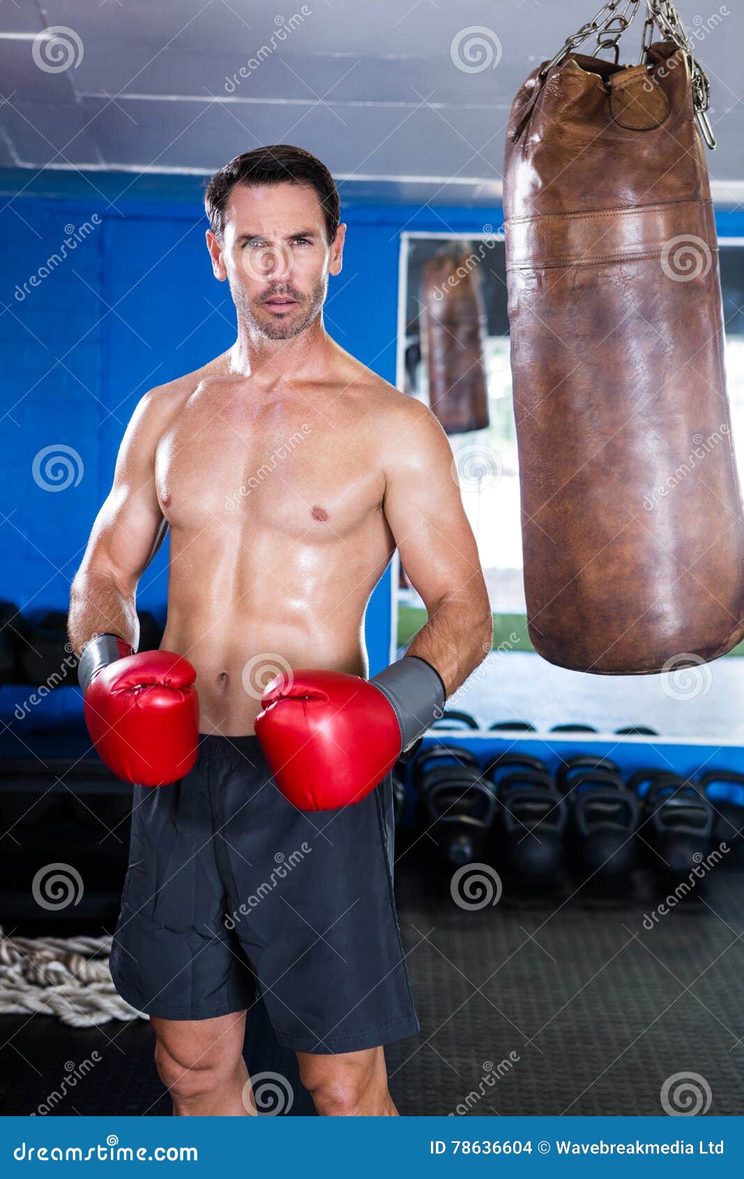 Portrait Aggressive Shirtless Boxer Fitness Gym Stock 