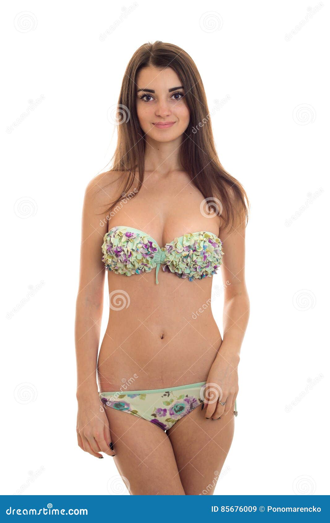 Portrait of Sexual Young Brunette Girl in Swimsuit Isolated on White Background