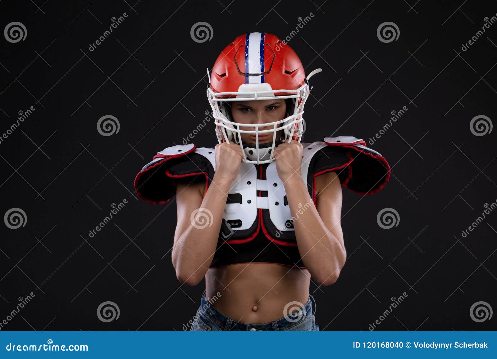 Portrait Of Attractive Young Girl With A Bright Make Up In A Sports Outfit For American Football Stock Photo Image Of Player Headshot