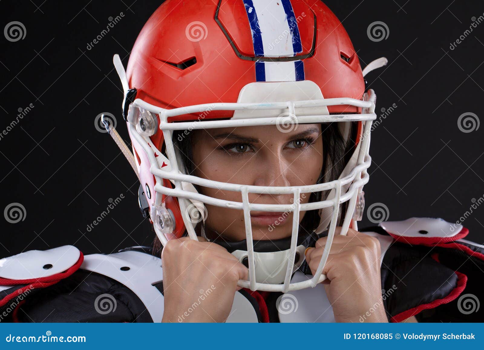 Portrait Of Attractive Young Girl With A Bright Make Up In A Sports Outfit For American Football Stock Image Image Of Aggression Background