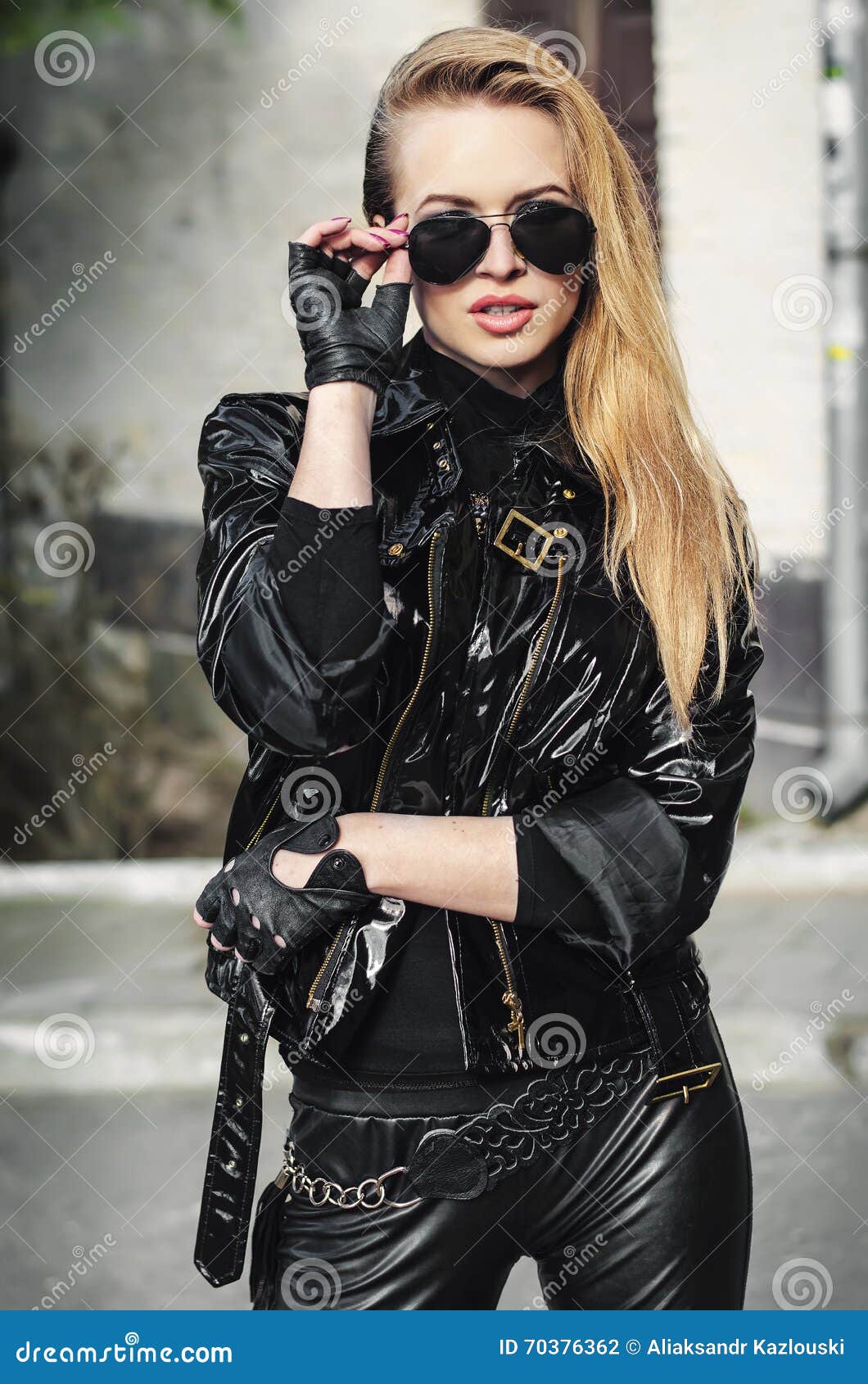 Portrait Biker Woman in Black Jacket Stock Photo - Image of back ...