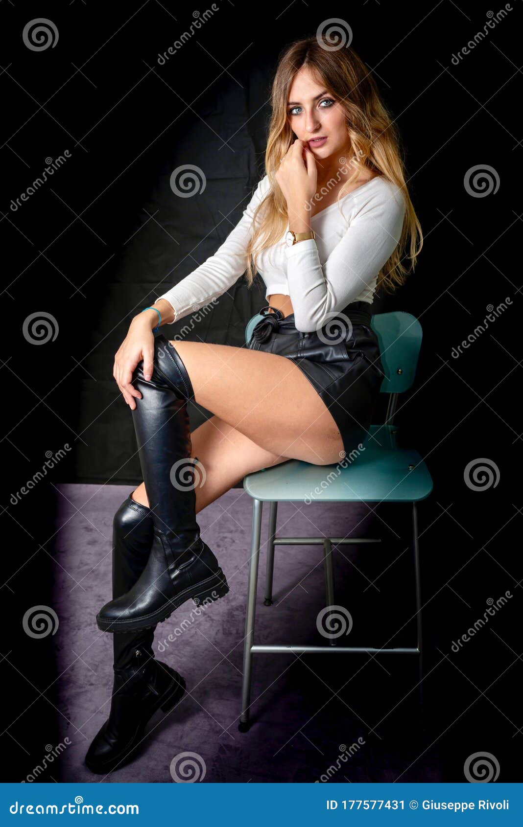 Portrait Blonde Girl with Blue Eyes on Black Background Stock ...