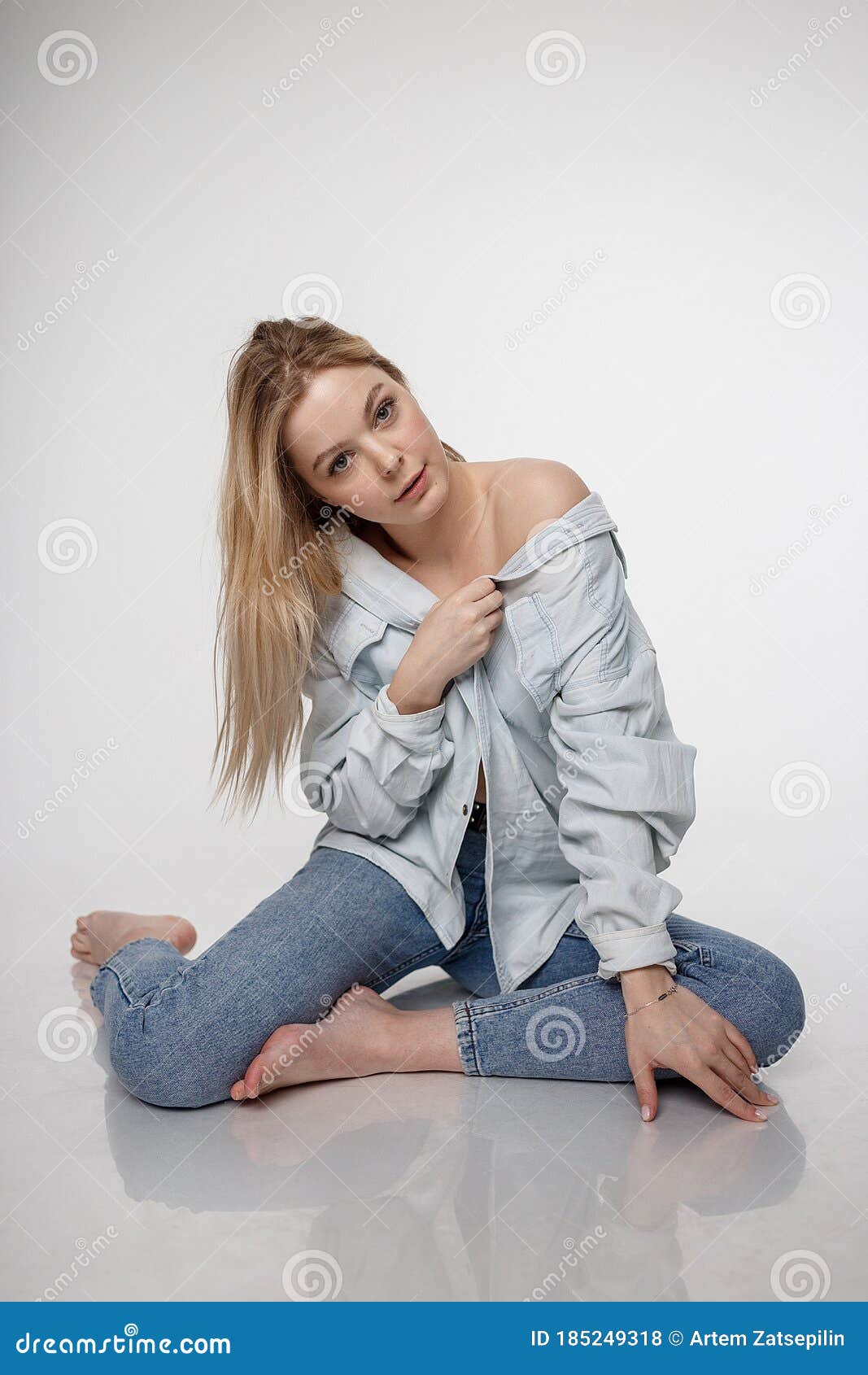 Caucasian Girl Posing in Blue Jeans and Shirt on White Studio ...