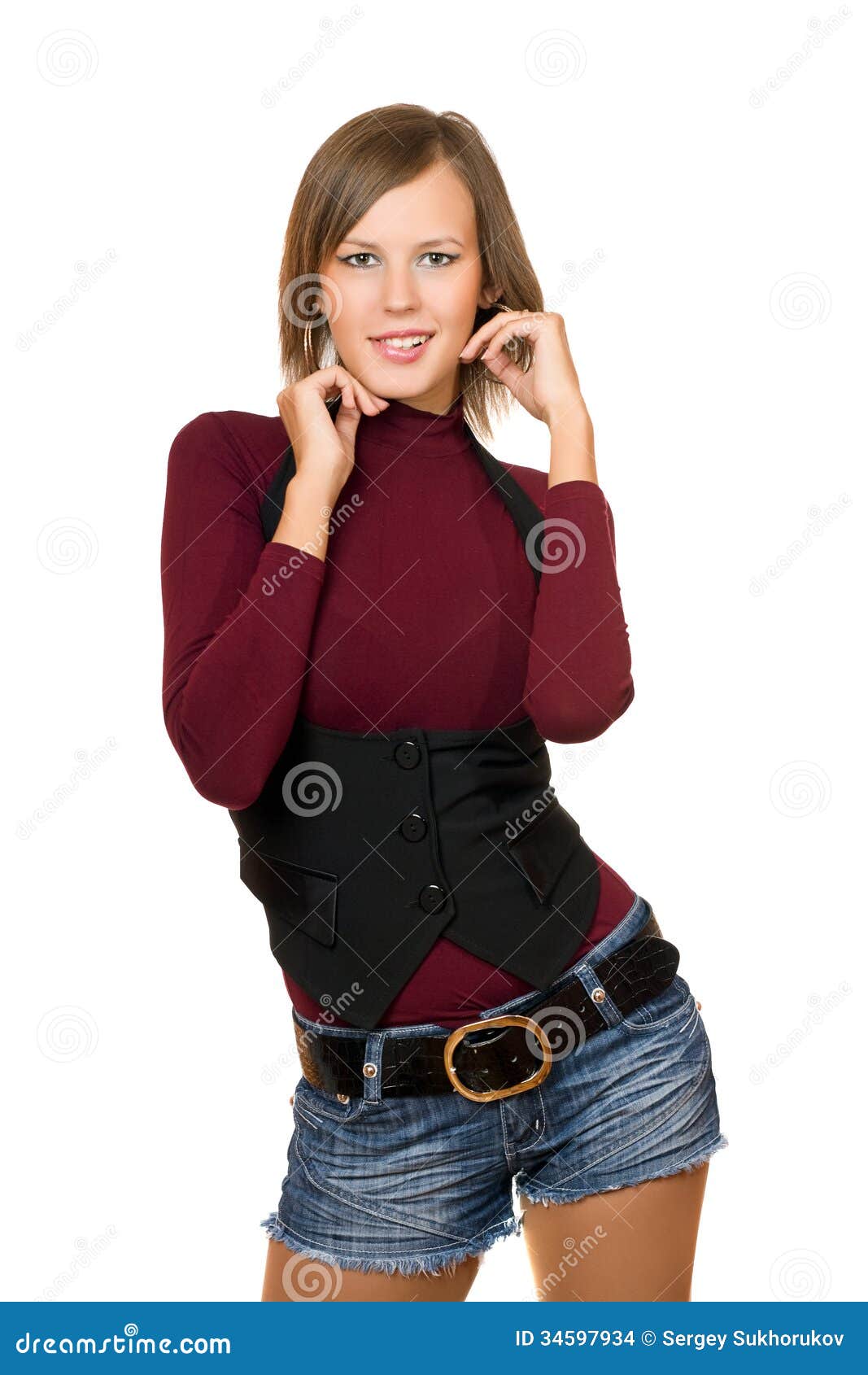 Portrait of Girl in a Black Vest Stock Photo - Image of belt, black ...