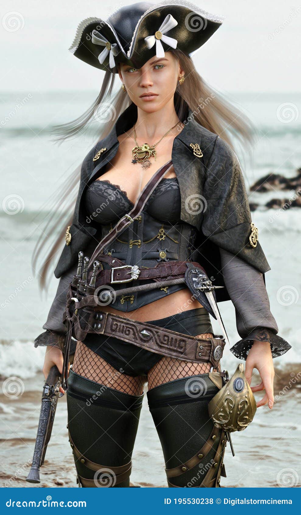 Pirate Female Posing With A Cutlass Sword And Pistol On A Gradient Background Royalty Free