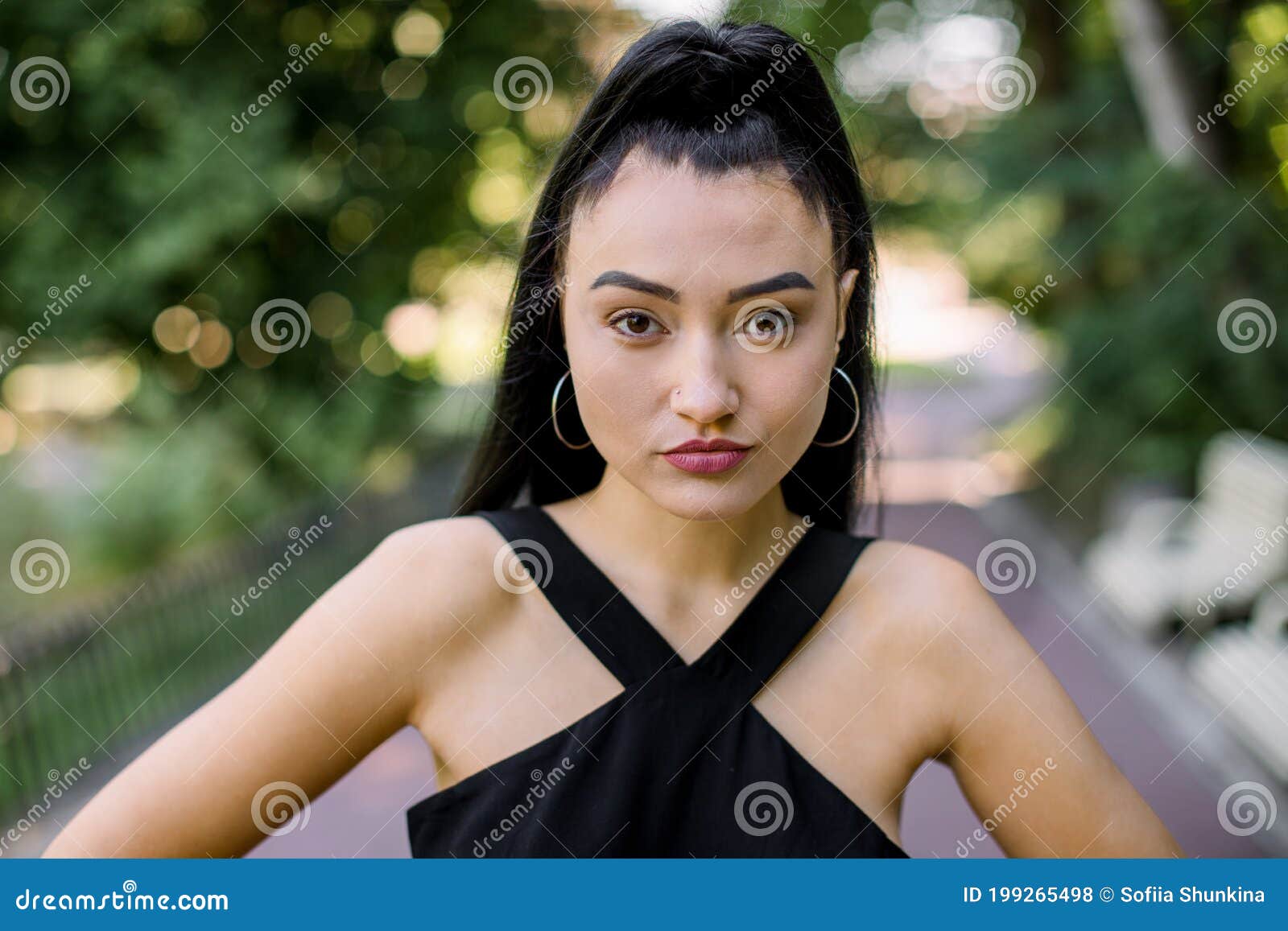 Portrait of Pretty Asian Girl with Ponytail Black Hair, Wearing Summer ...