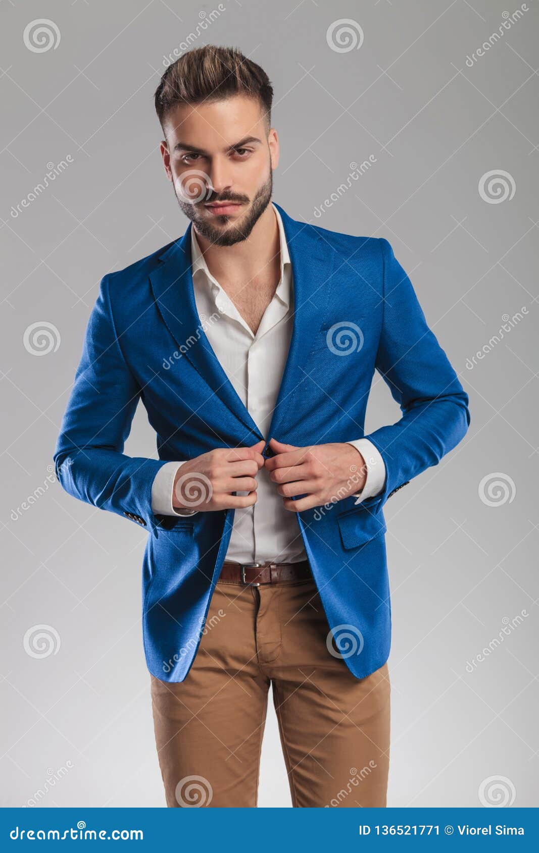 Portrait of Smart Casual Man Buttoning His Blue Suit Stock Image ...