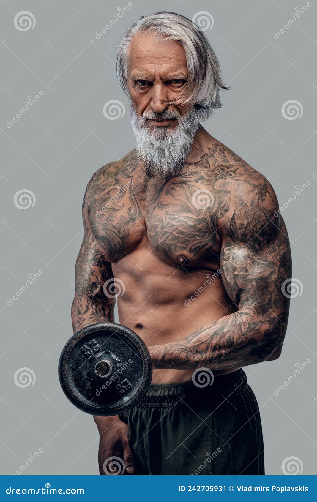 Naked Old Man Lifting Dumbell Against White Background Stock Image - Image of tattoo, mature: 242705931