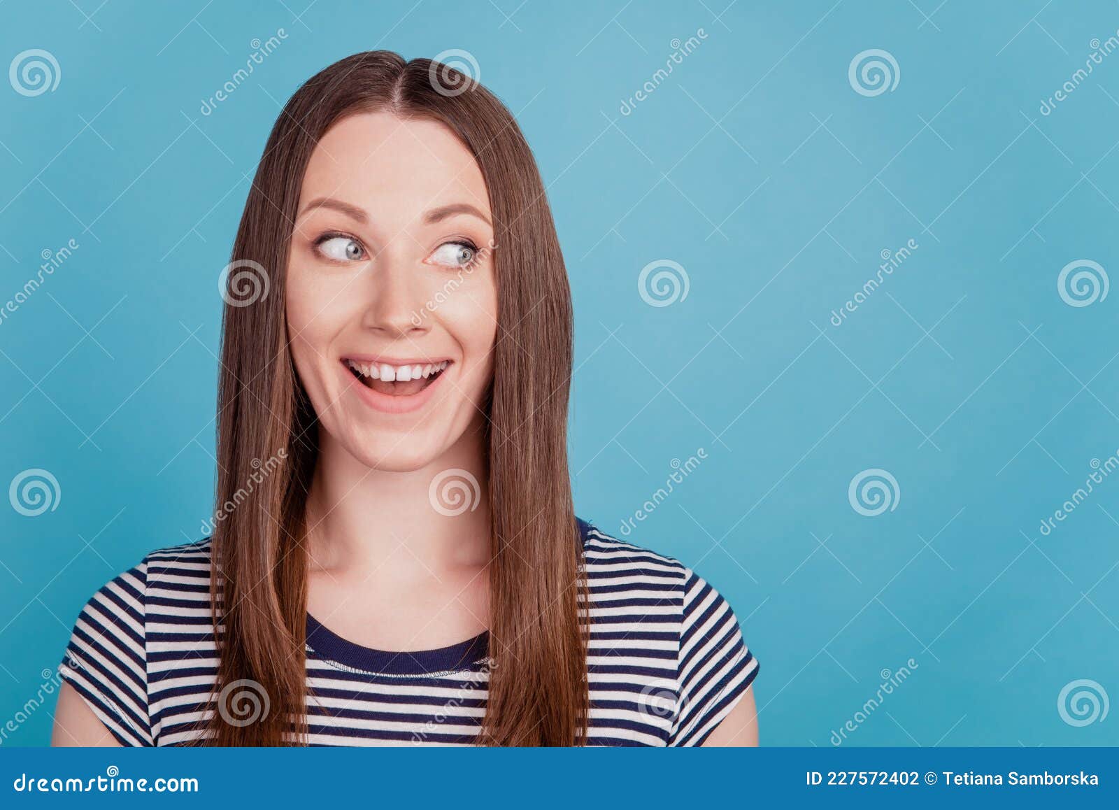 Portrait Of Shocked Surprised Adorable Lady Look Empty Space Funny