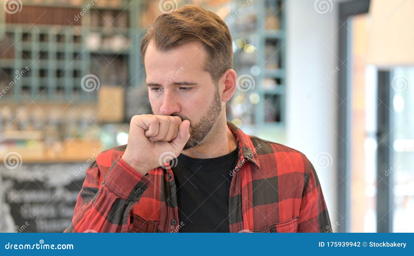 Portrait of Sick Beard Young Man Coughing, Allergy Stock Photo Image