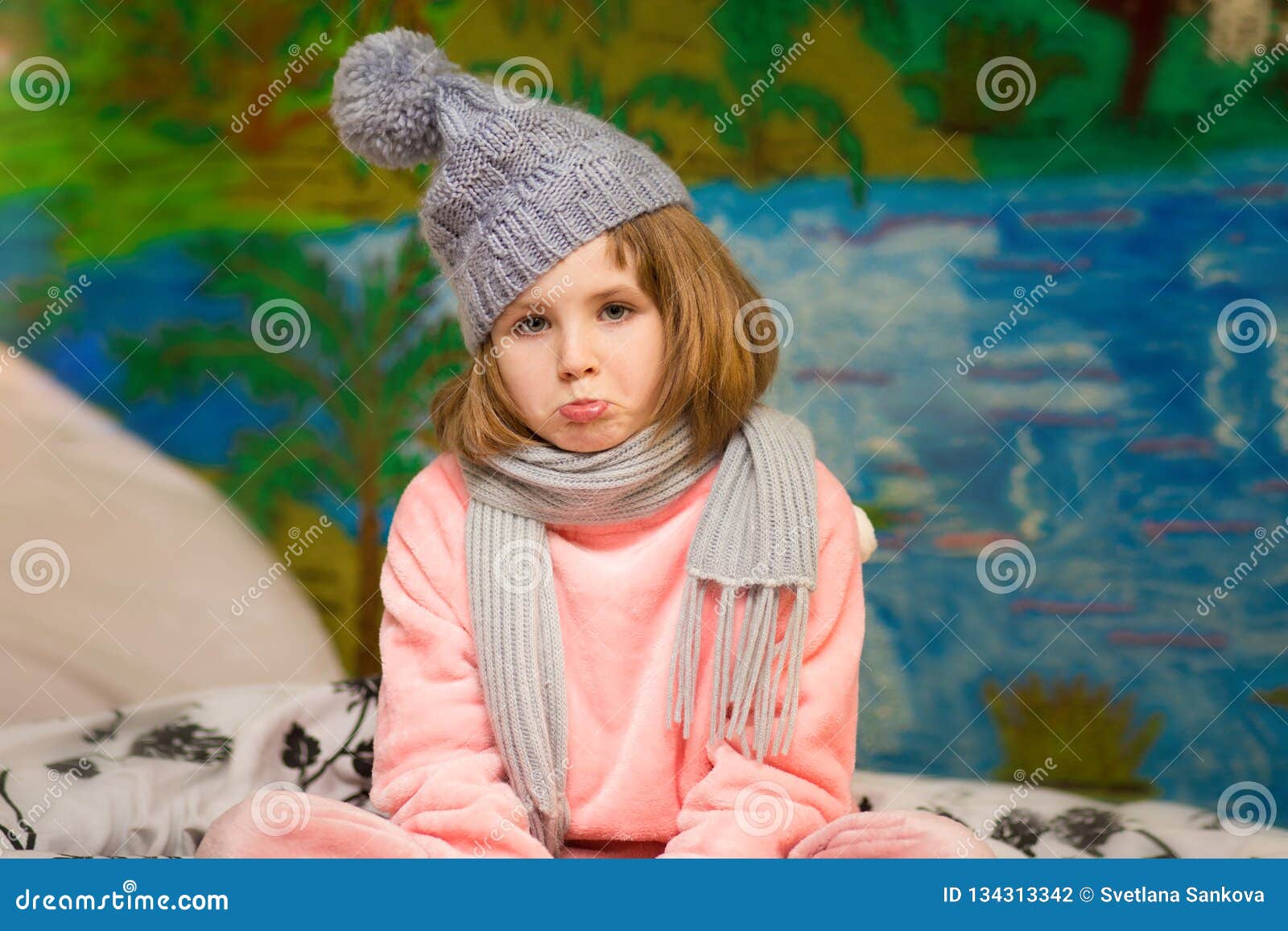 Portrait of Sick Little Girl Wear Scarves and Hat Stock Photo - Image ...