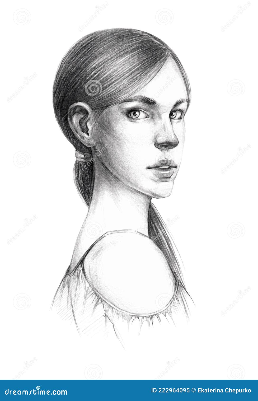 Young Beautiful Girl with Straight Hair Gathered in a Ponytail Cute Image  in a Blouse Pencil Drawing Stock Illustration - Illustration of girl, lady:  222964095