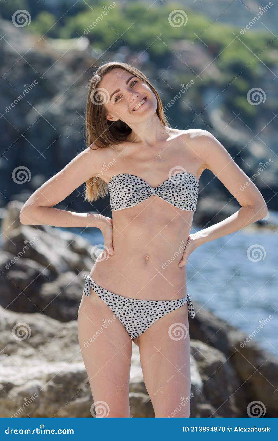 Deliberate Pebble Instrument Portrait of Skinny Young Woman in Bikini on Rocky Seashore Stock Photo -  Image of alone, outside: 213894870