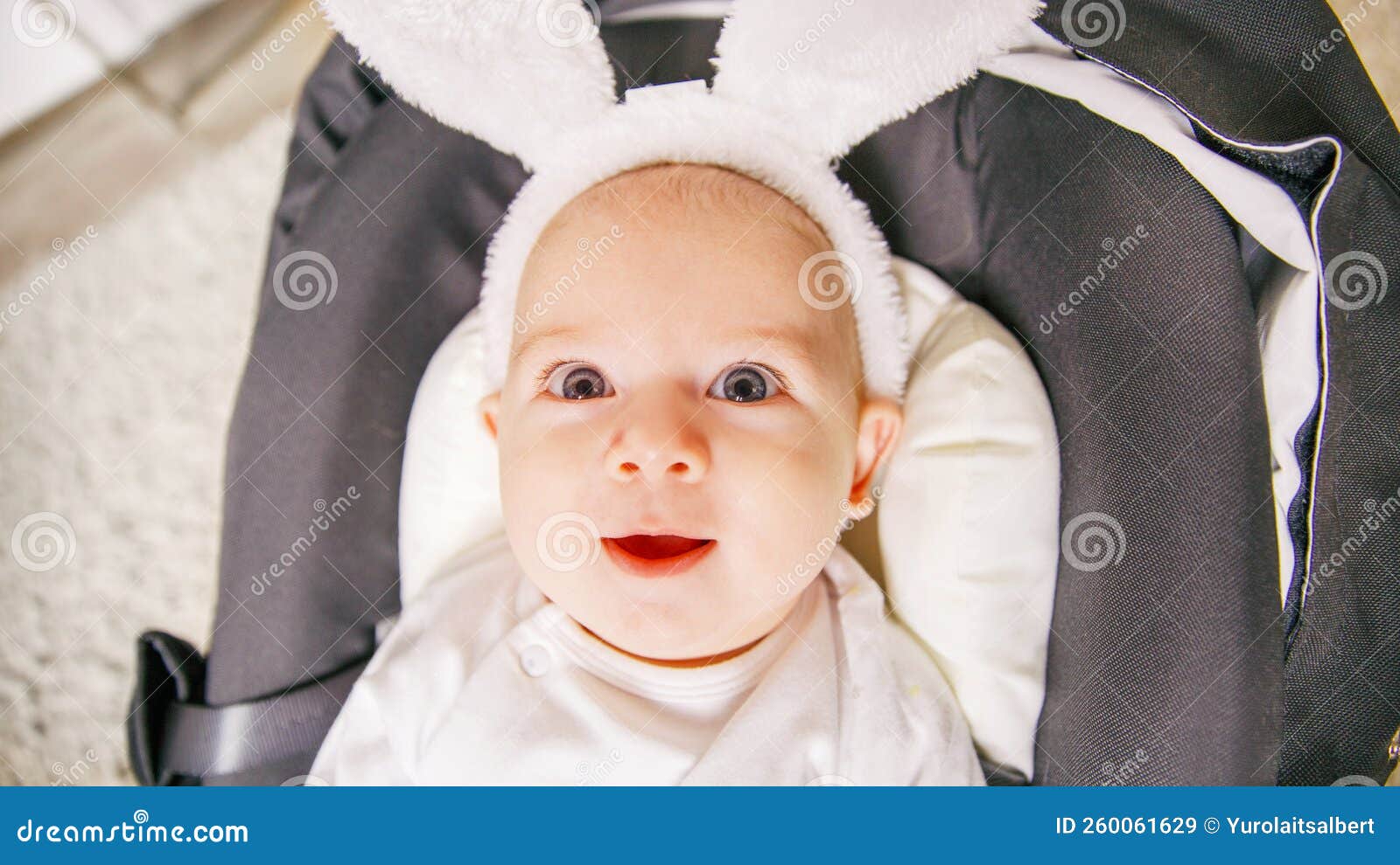 Portrait Small Child in a Bunny Suit in Stroller Stock Image Image of
