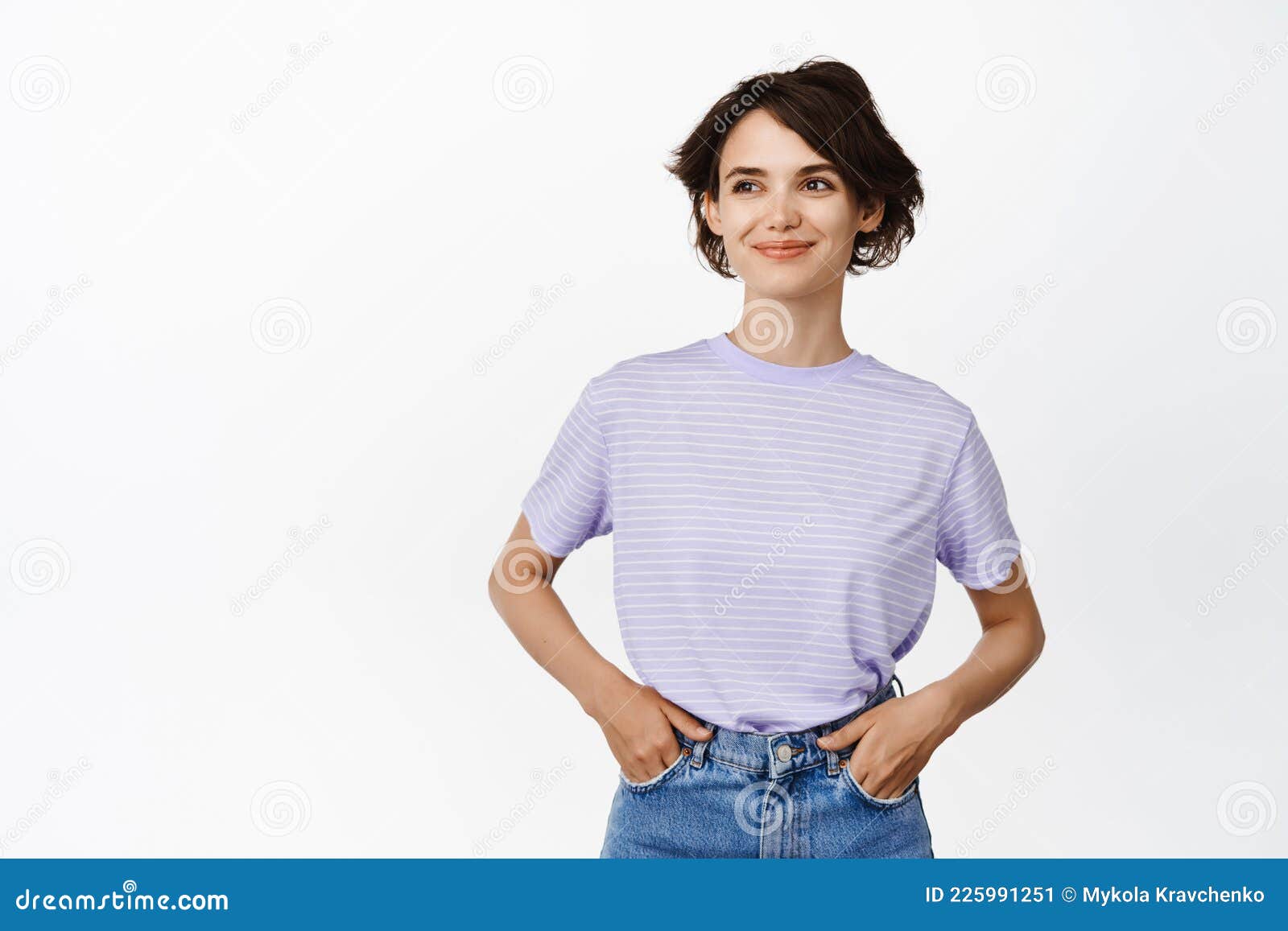 Portrait of Smiling Beautiful Girl, Young Woman with Short Hairstyle in  Jeans and T-shirt, Looking Aside at Banner Sale Stock Image - Image of  happiness, summer: 225991251