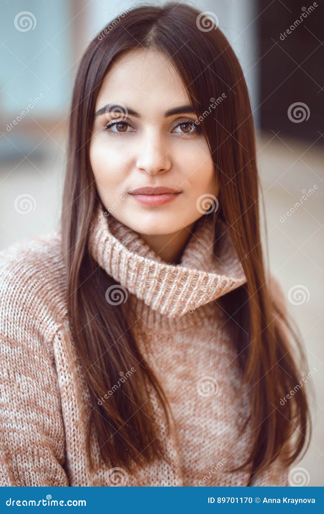 Portrait Of Smiling Caucasian Brunette Young Beautiful Girl Woman Model With Long Dark Hair And