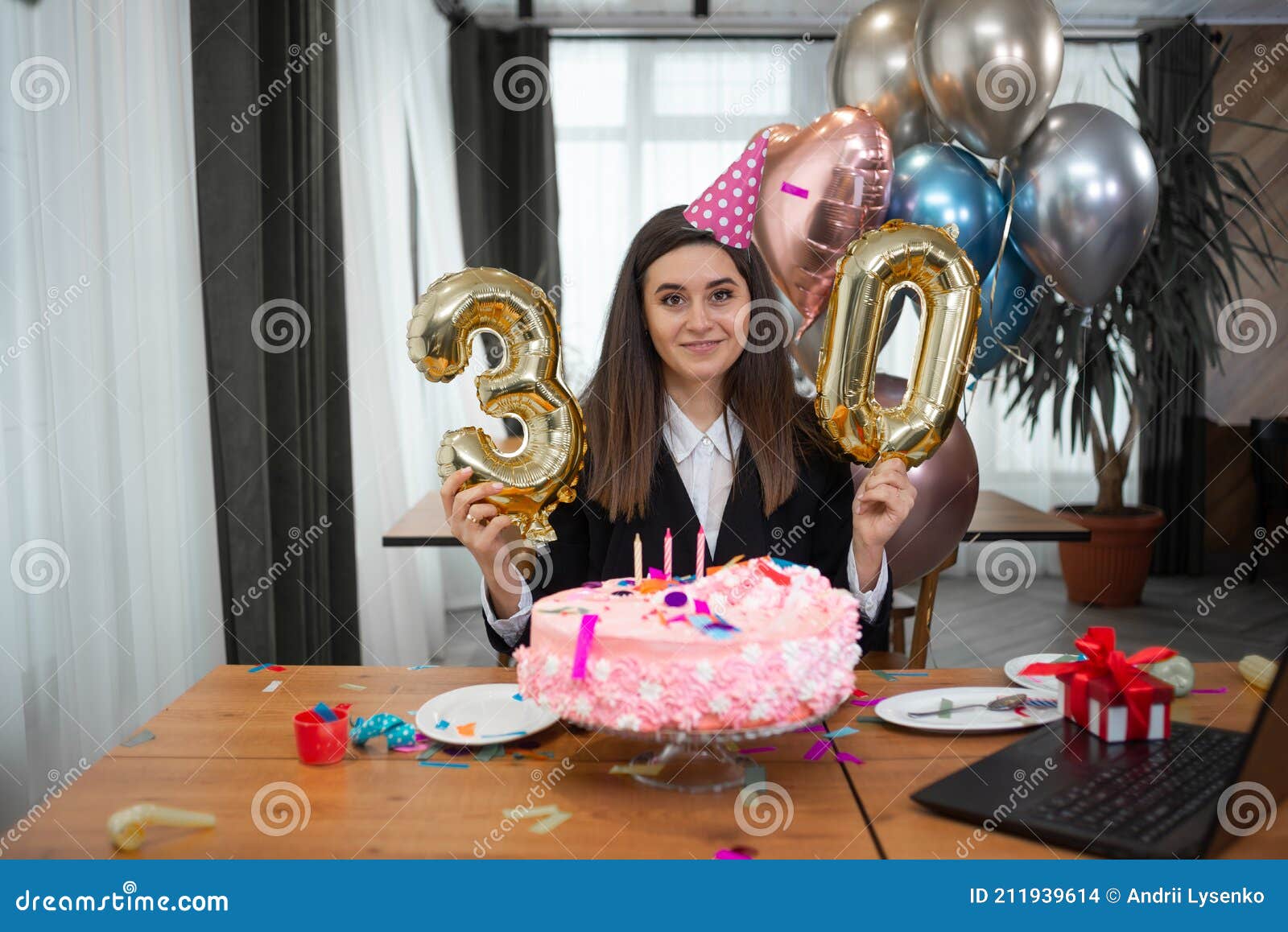 Portrait of Smiling Caucasian Woman Sitting at the Table, Birthday ...