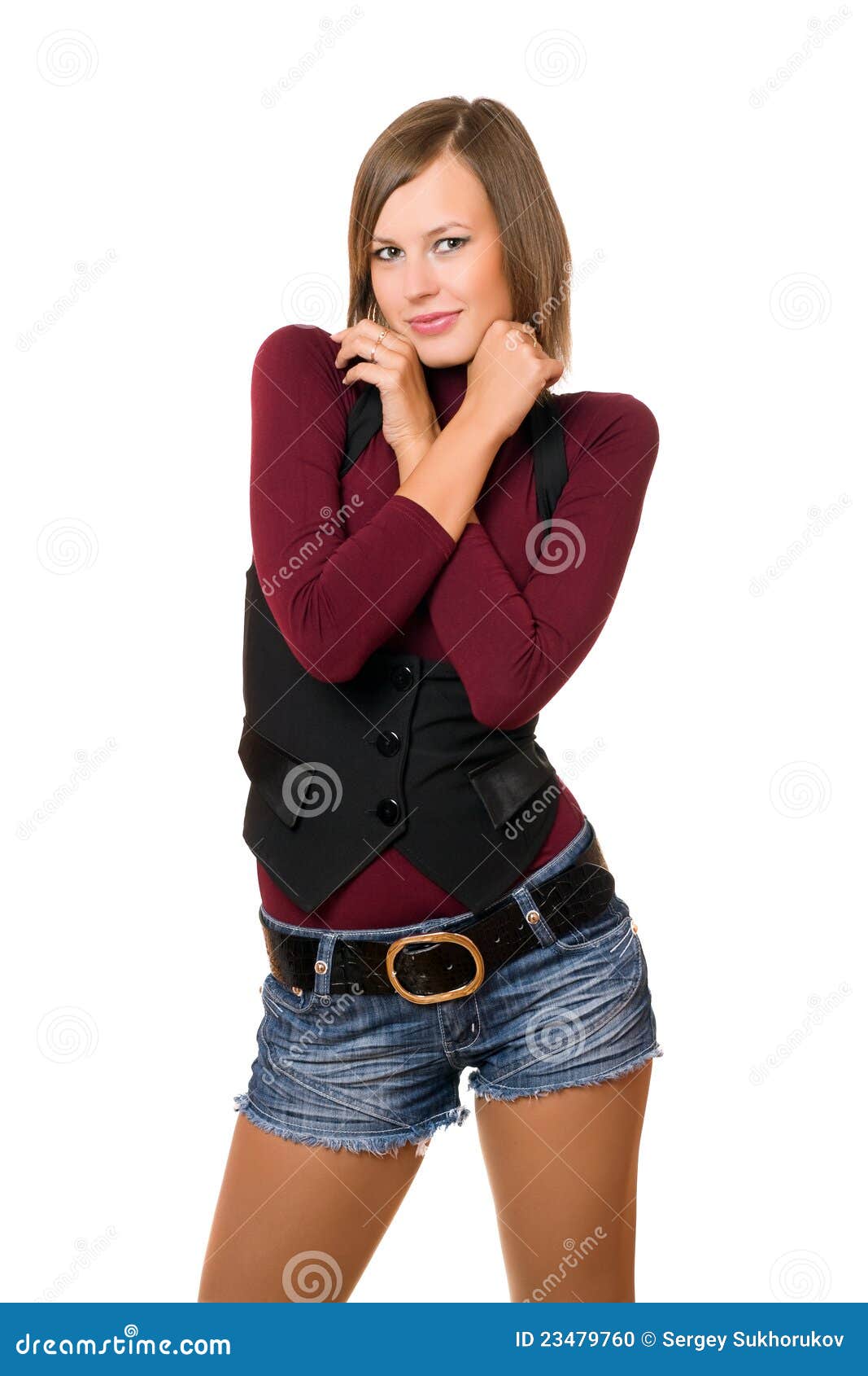 Portrait of Smiling Girl in a Black Vest Stock Photo - Image of belt ...