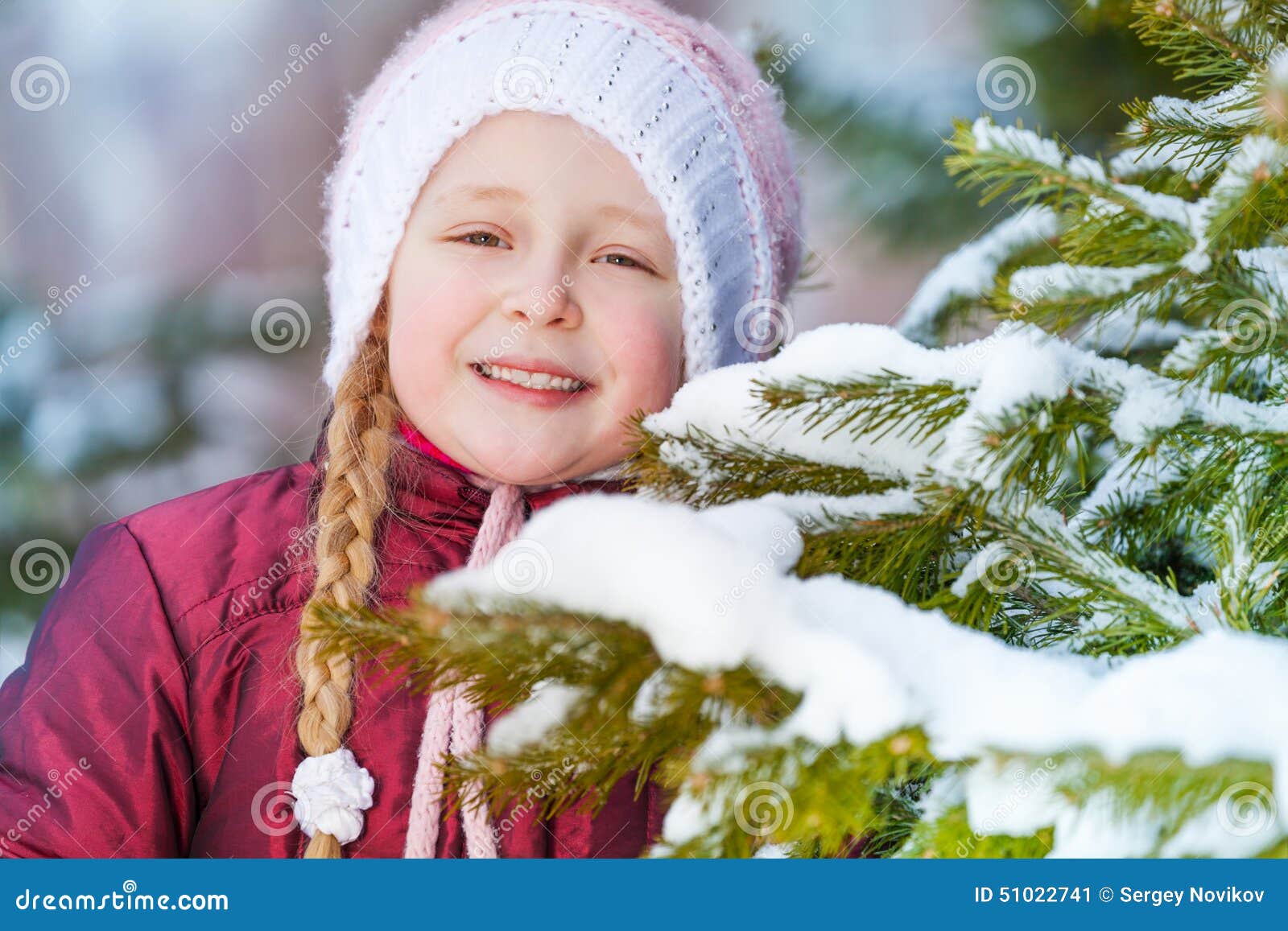 Portrait Of Smiling Girl With Green Fir Brush-wood Stock ...