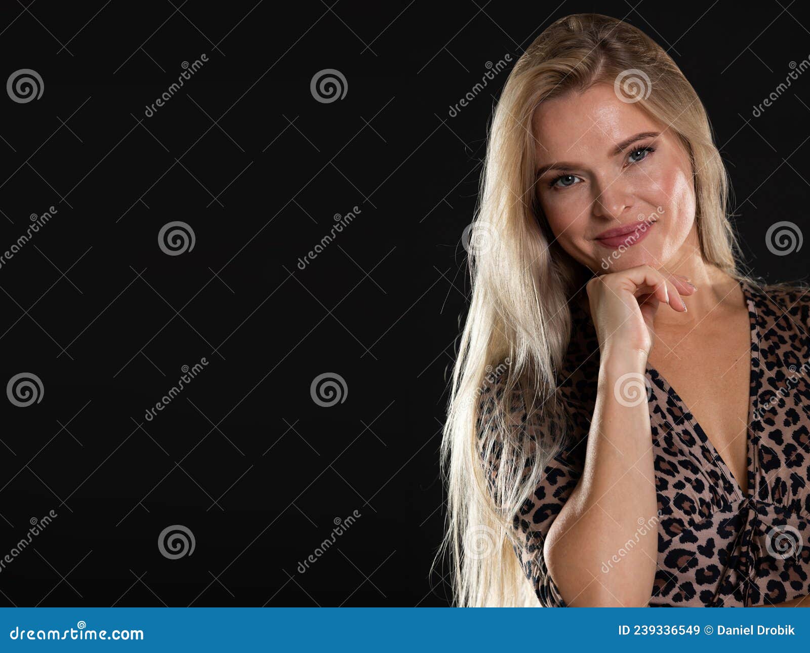 Portrait Of A Pretty Blonde Girl With A Beautiful Smile Panoramic Frame Long Hair Black 