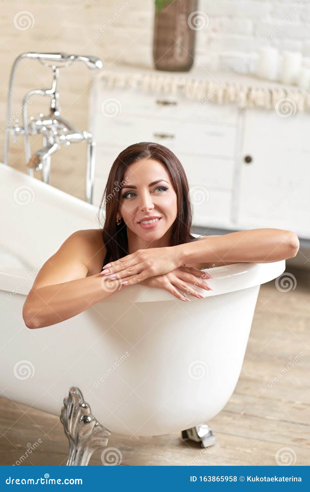 Portrait Smiling Female Relaxing in Bath Stock Photo Image