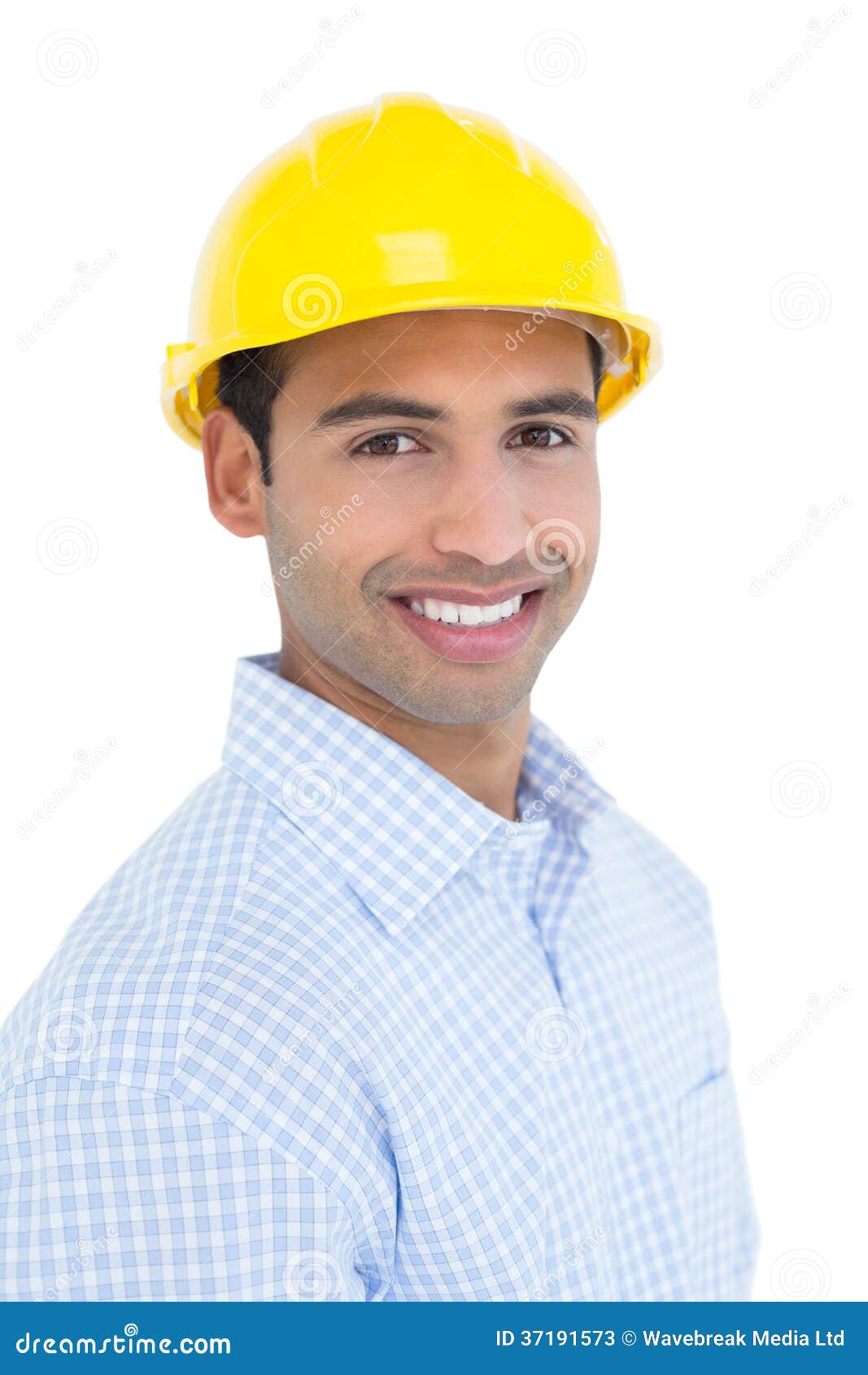 Portrait of a Smiling Handyman Wearing a Yellow Hard Hat Stock Image ...