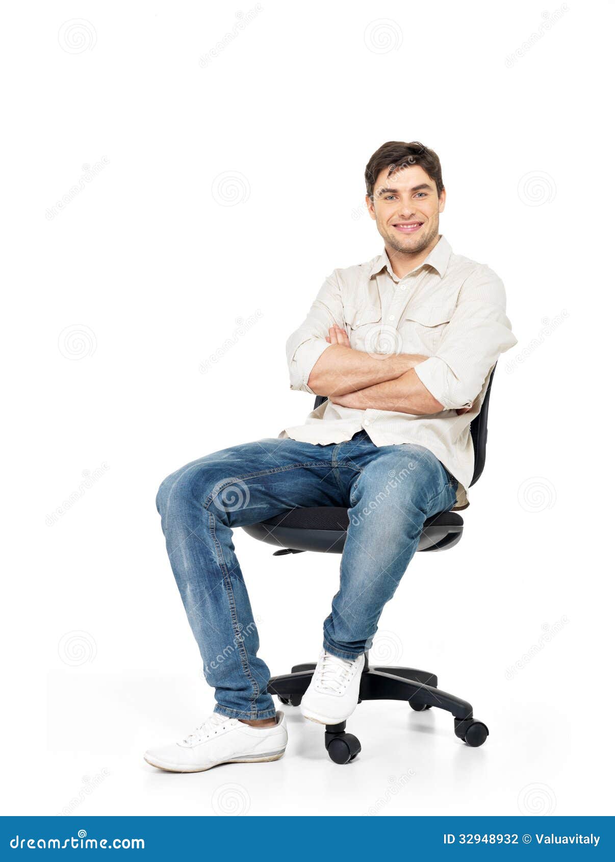 Portrait of Smiling Happy Man Sits on Office Chair Stock Photo - Image ...