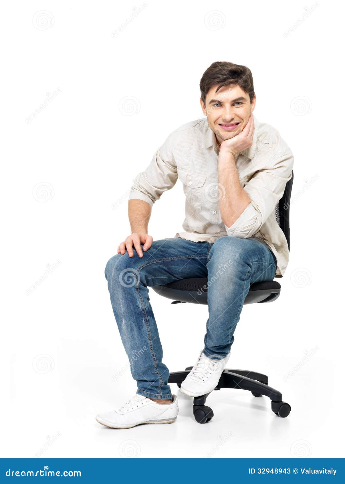 Portrait of Smiling Happy Man Sits on Office Chair Stock Image - Image ...