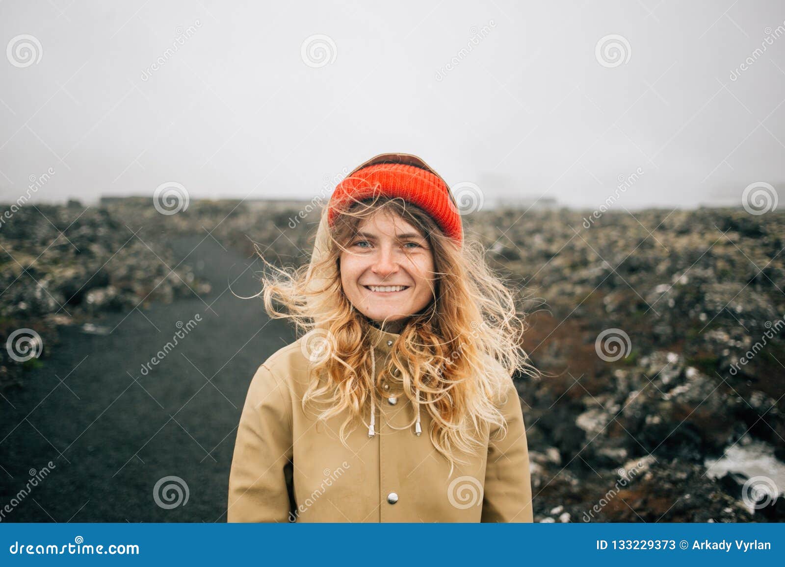Happy Young Woman Smiles To Camera in Wind Stock Image - Image of ...