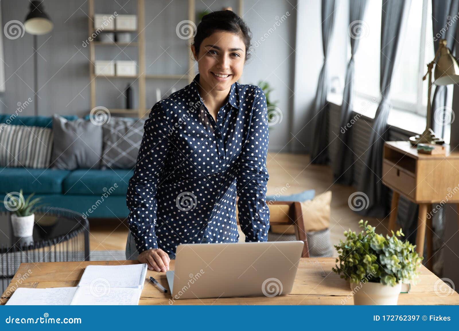 Portrait of Smiling Indian Girl Posing at Home Workplace Stock Image ...