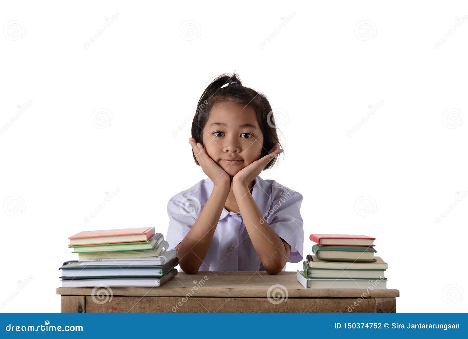 Portrait Of Smiling Little Student Asian Girl With Many Books Education