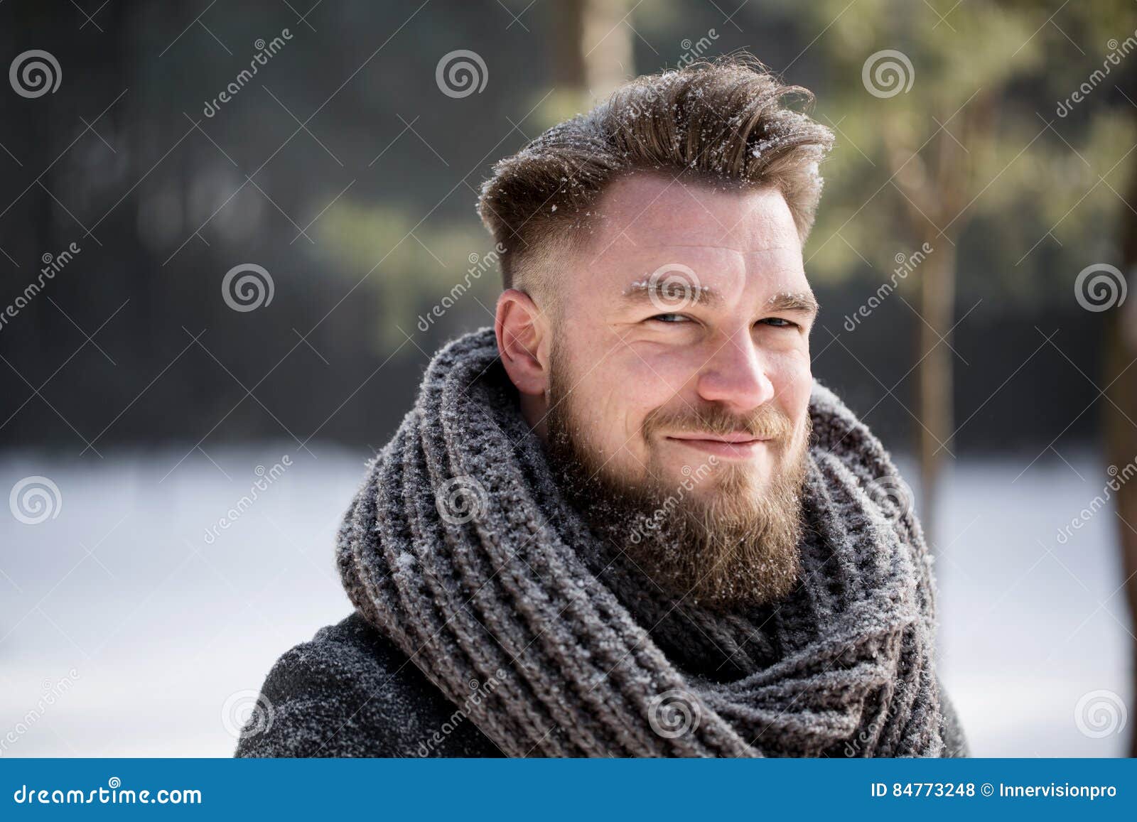 Portrait of a Smiling Man Wearing Winter Coat in White Forest Stock ...