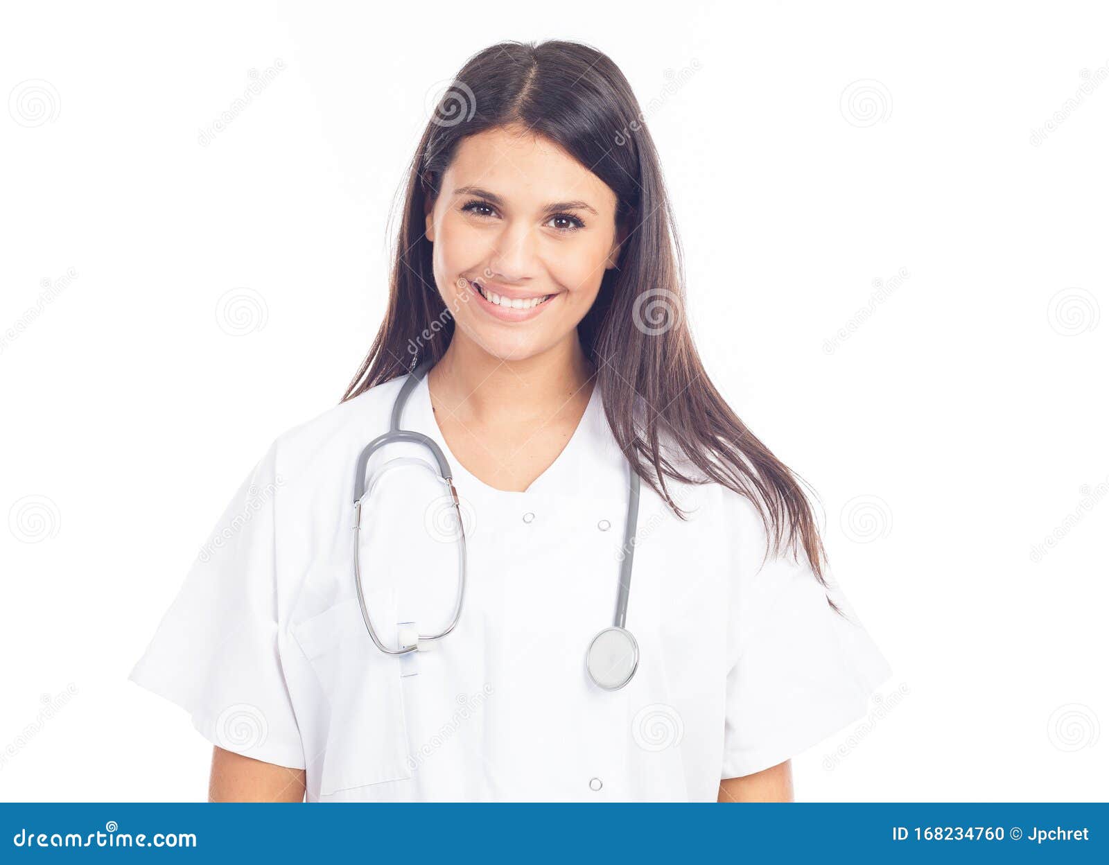 Portrait Of Smiling Nurse Holding Stethoscope On White 