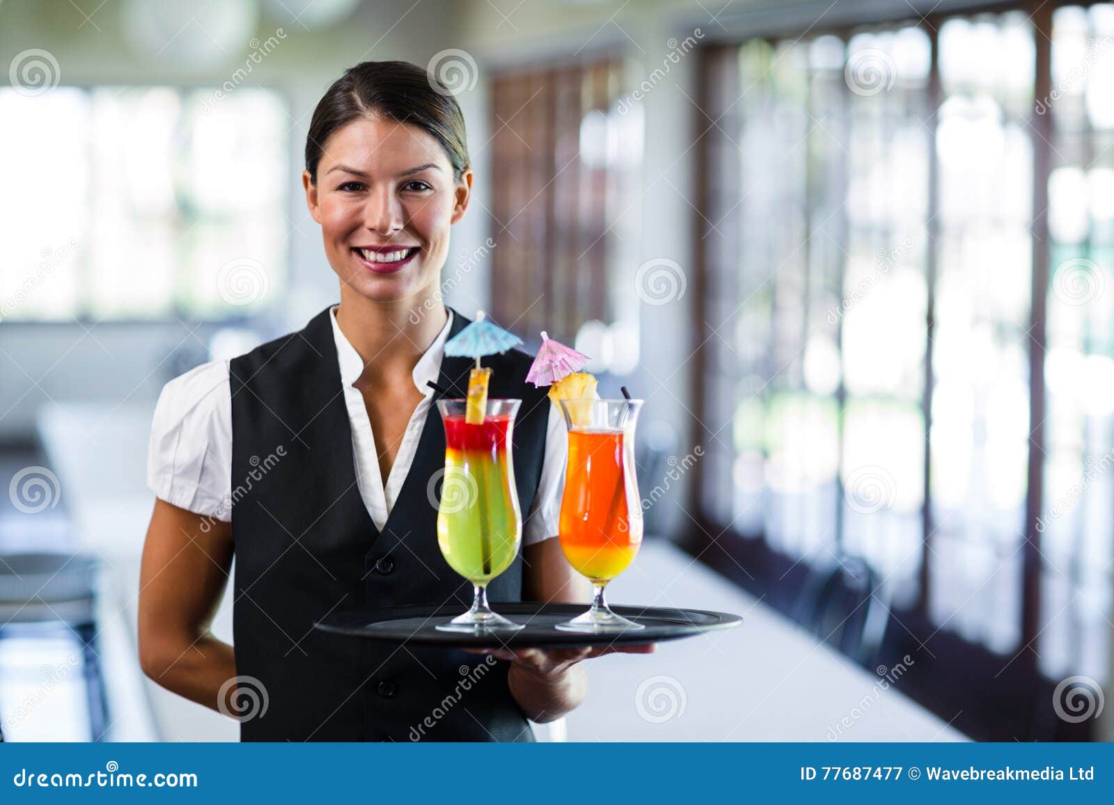 Portrait Of Smiling Waitress Serving Cocktai Stock Image Image Of Smiling Expertise 77687477