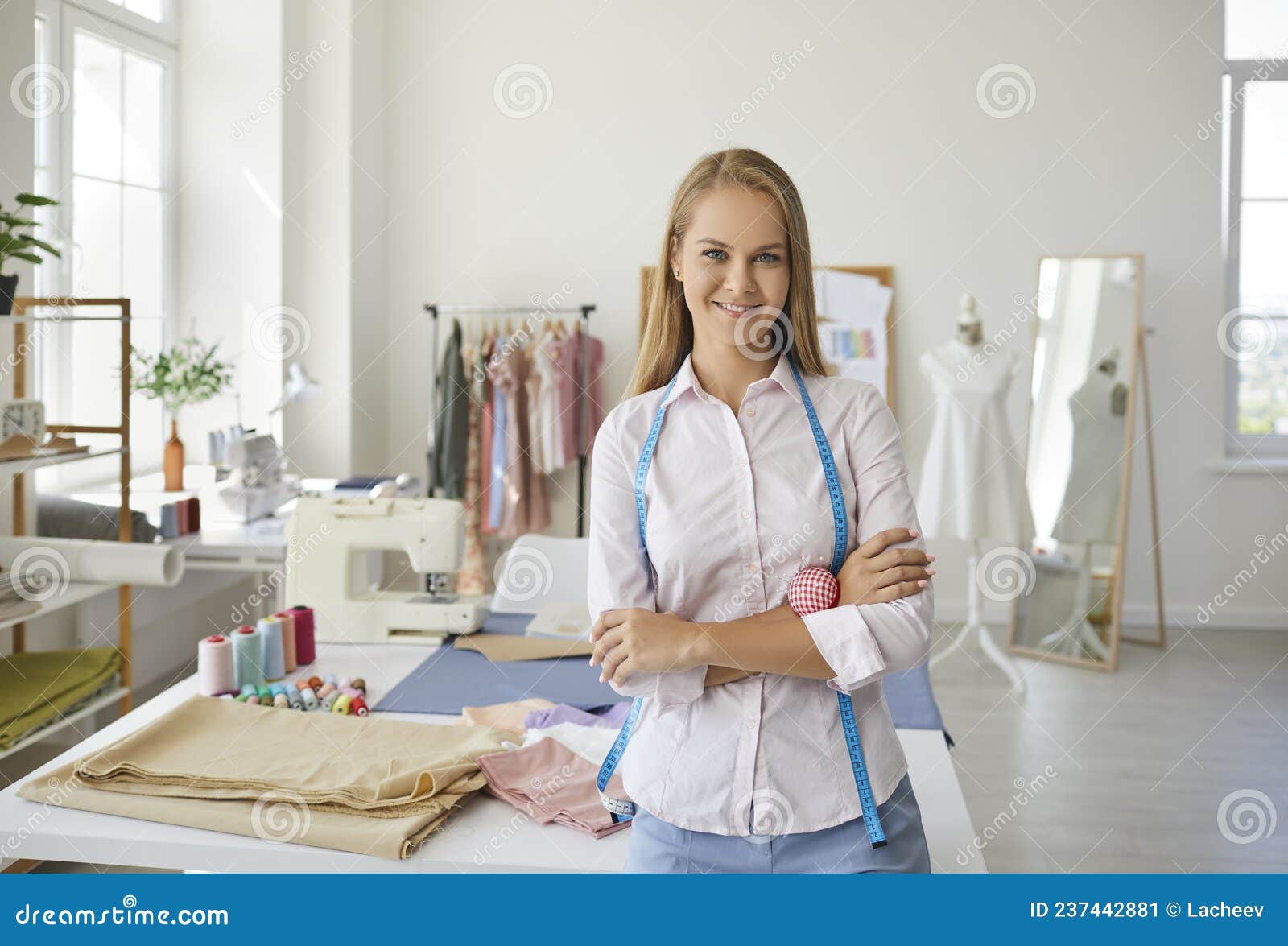 Portrait of Smiling Woman Seamstress Pose in Atelier Stock Image ...