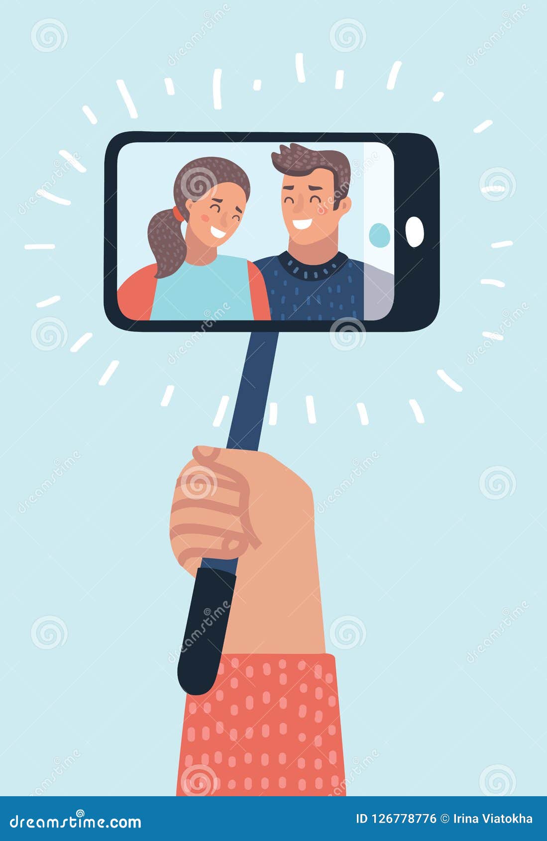Portrait of Smiling Young Couple on Smartphone. Selfie Stick Monopod. Stock  Vector - Illustration of modern, cartoon: 126778776