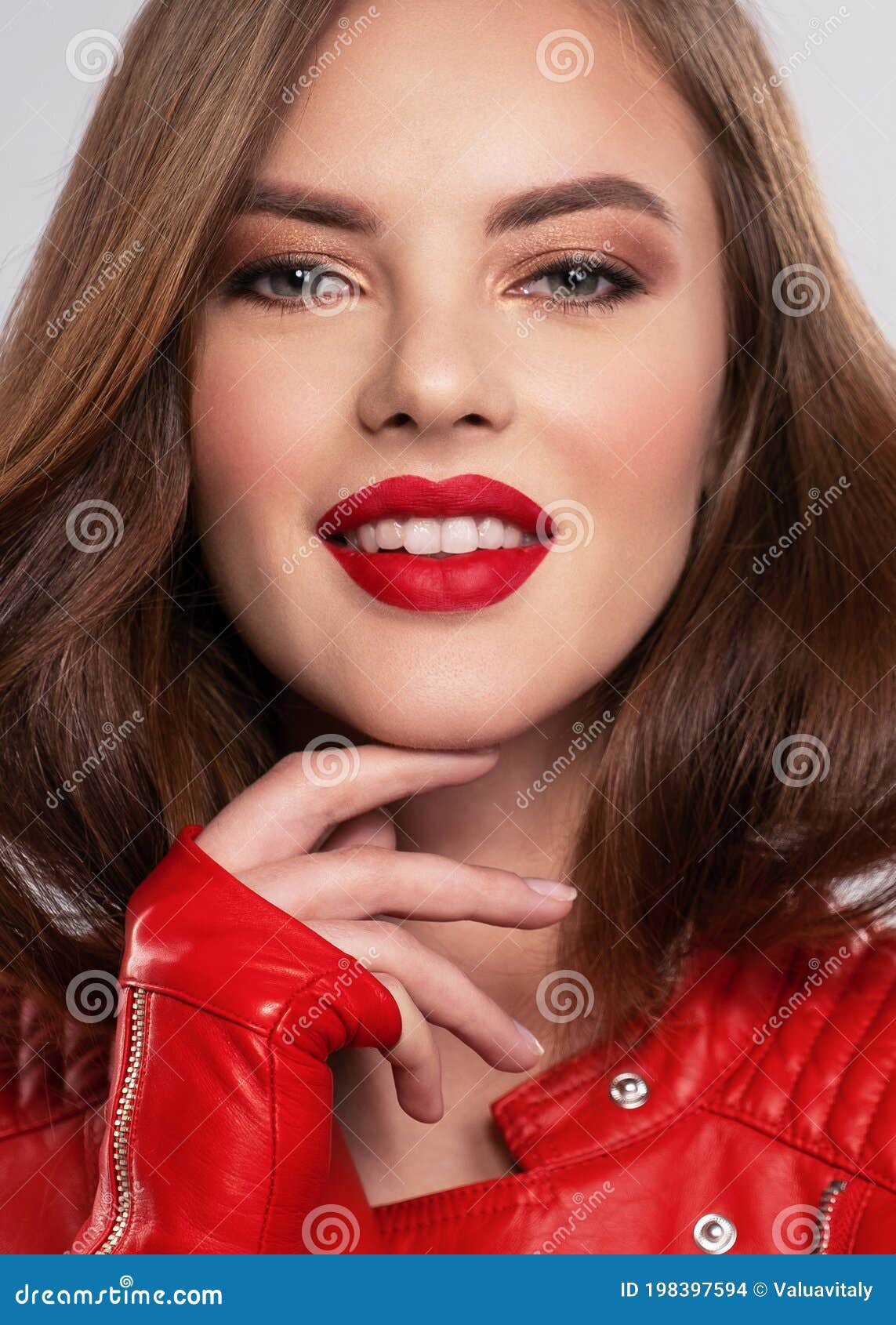 Portrait Of Smiling Young Woman With Bright Makeup Beautiful Brunette With Bright Red Lipstick