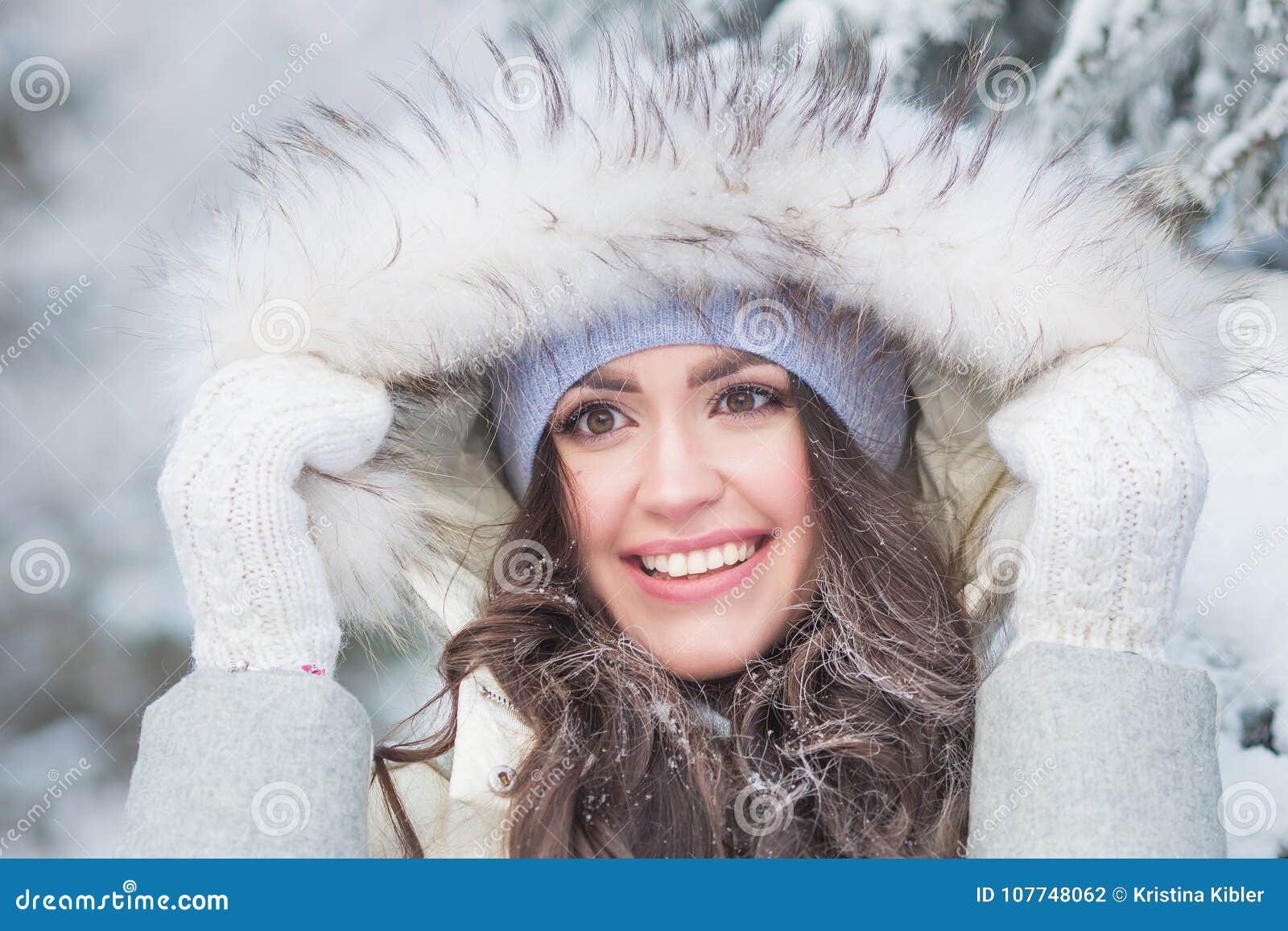 Portrait of Smiling Young Woman with a Long Hair in the Winter Stock ...