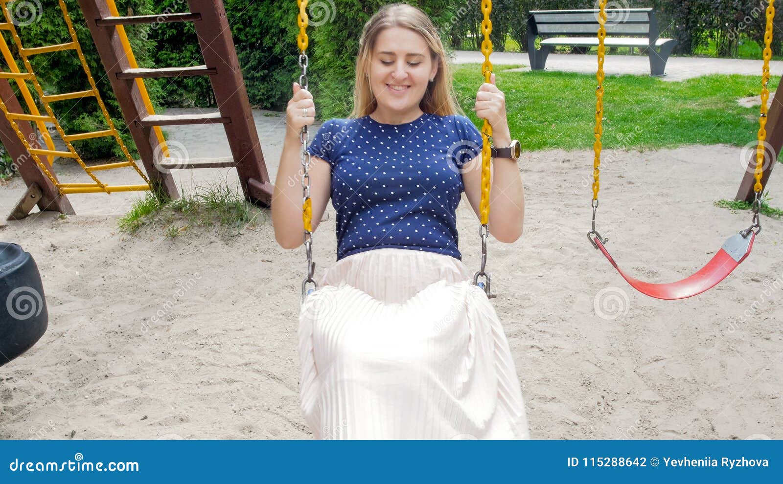 Girl Swinging Swing In Outdoor Park Nature Stock Photo 
