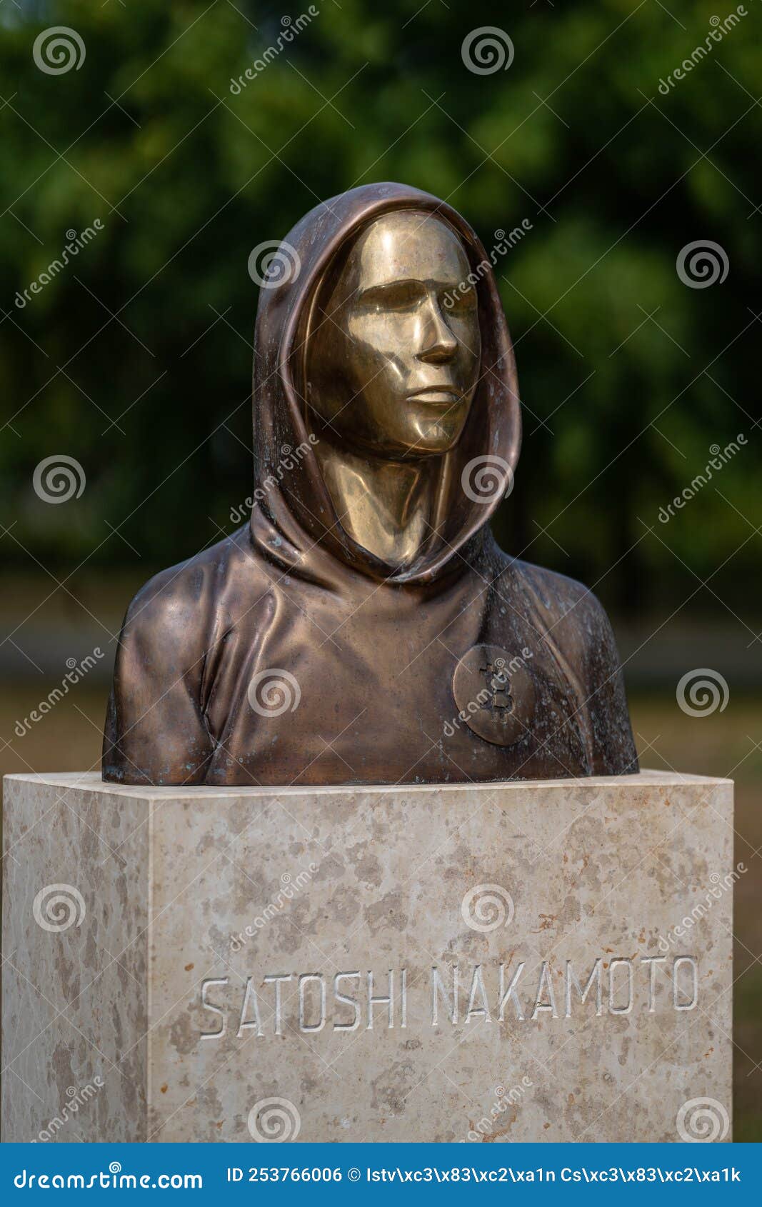 Portrait Of The Statue Of Satoshi Nakamoto Mysterious Founder Of Bitcoin Editorial Photo - Image